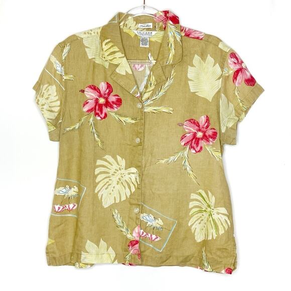 Uniform John Paul Richard | 100% Linen Tan Tropical Short Sleeve Button Shirt L - Picture 1 of 6
